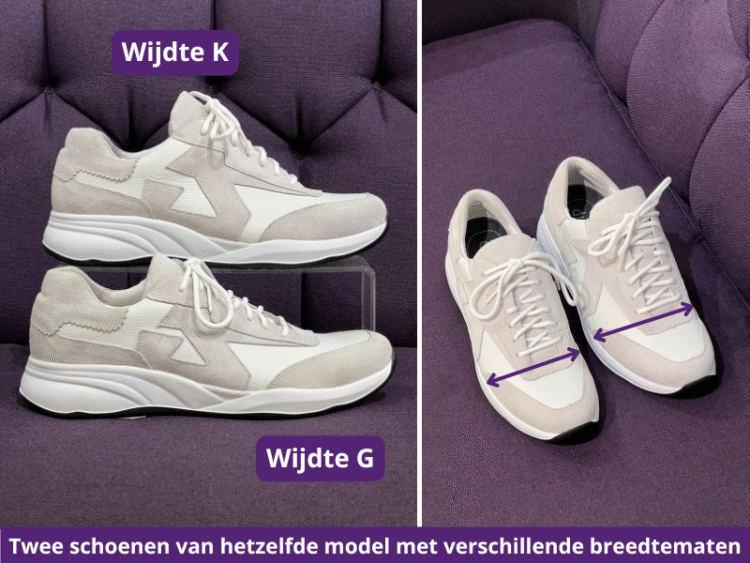 Twee schoenen van hetzelfde model met verschillende breedtematen