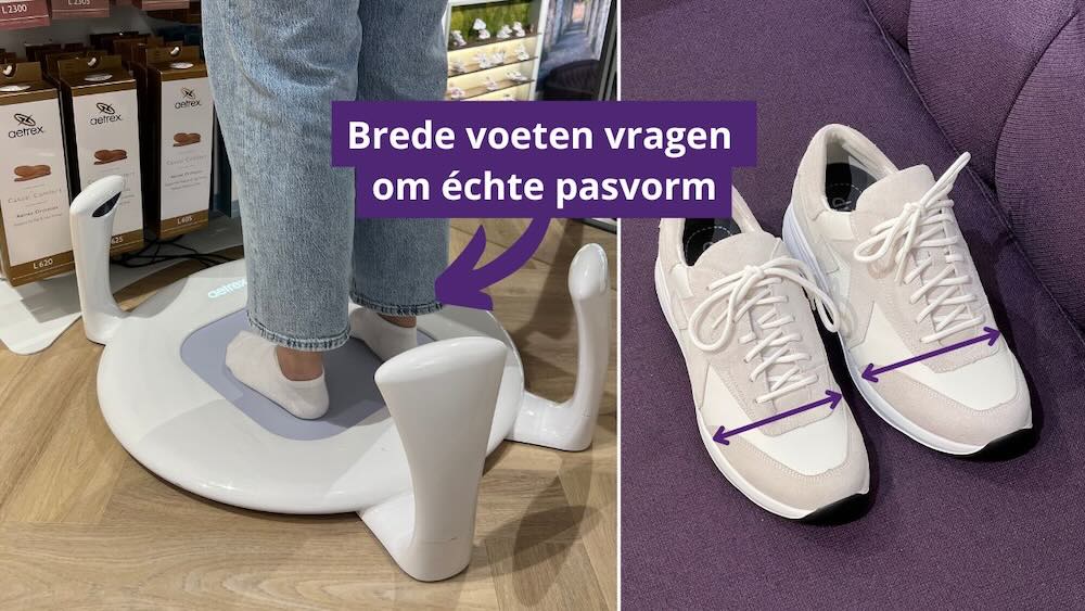 Visueel overzicht van 3D voetmeting en geschikte schoenen voor brede voeten
